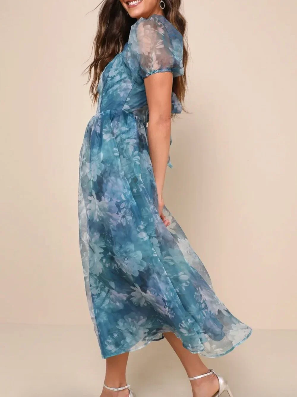 Lulus Lovely Statement Teal Blue Floral Organza Tie-Back Midi Dress - Size M - Picture 4 of 16
